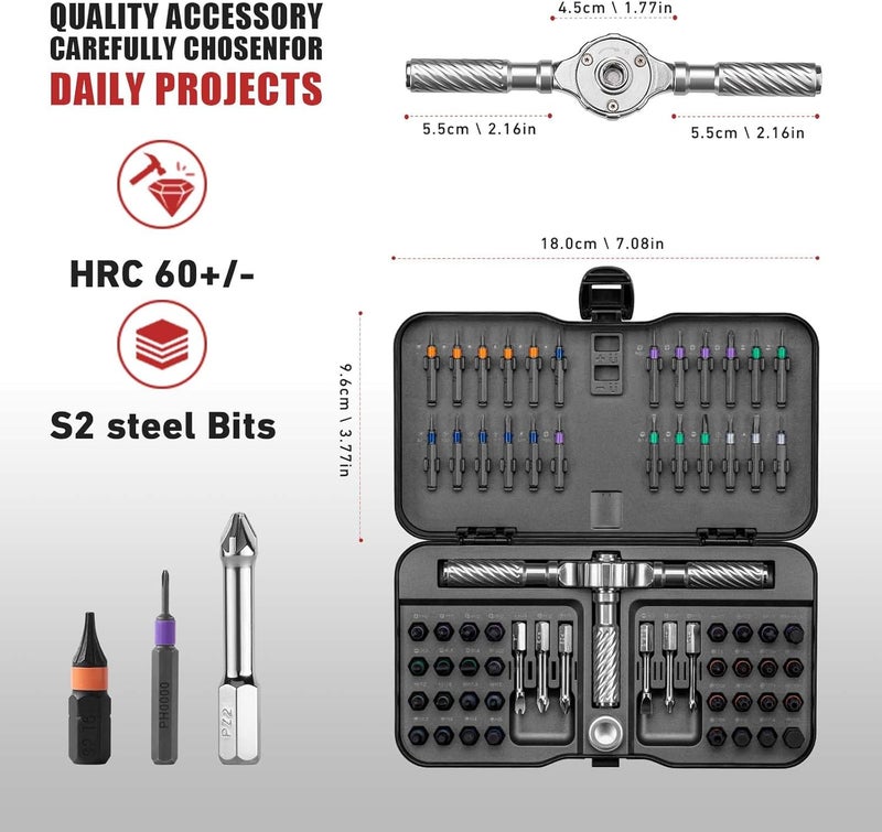 VMAN Ratchet Screwdriver Set, 66 in 1 magnetic Screwdriver sets, S2 Steel Bits, DIY Combination Flexible Shaft, Suitable for Furniture Assembly, Precision Electrical Appliance Repair, Bicycle Tools - Image 2